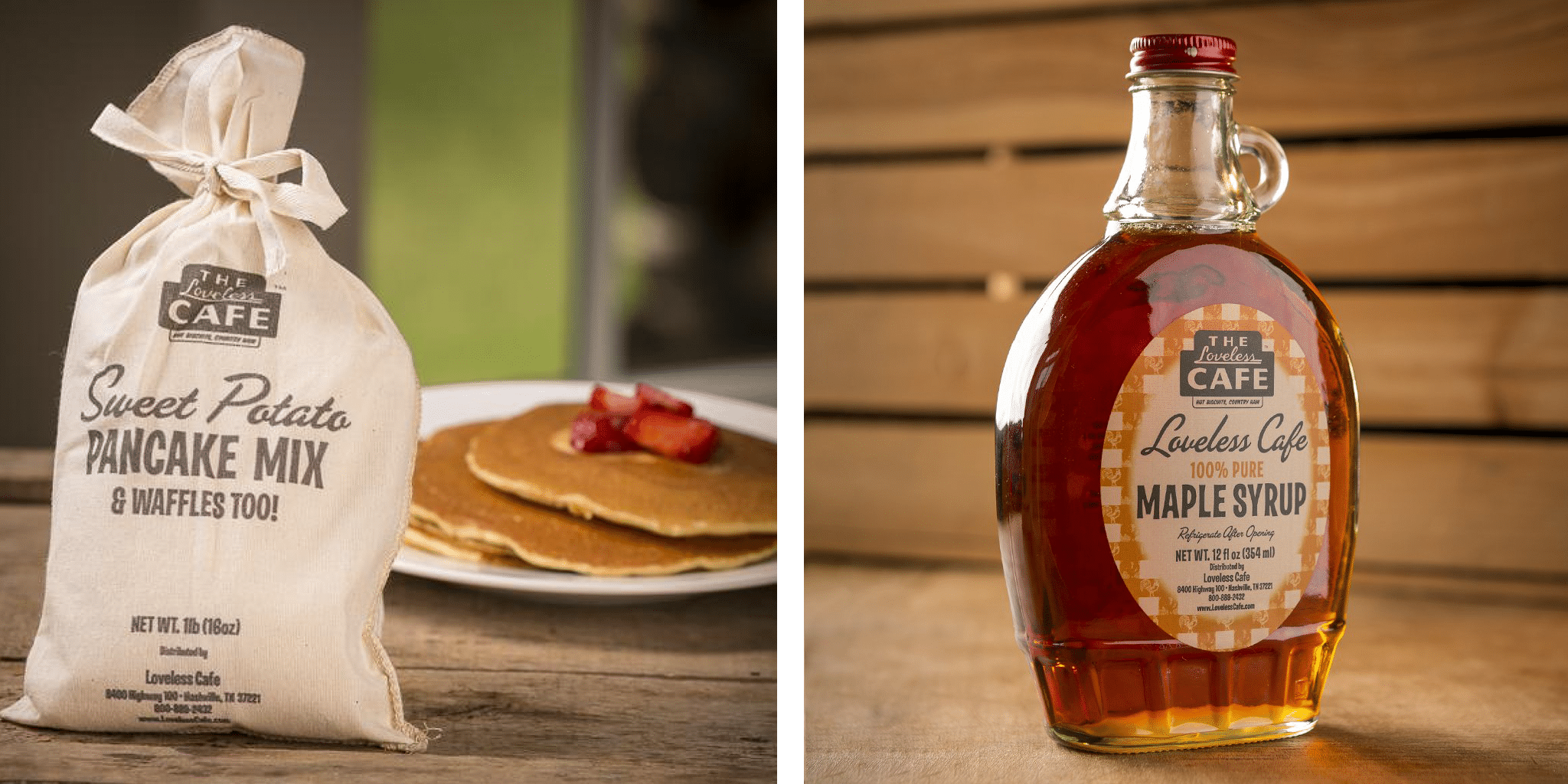 sweet potato pancake mix and maple syrup graphic
